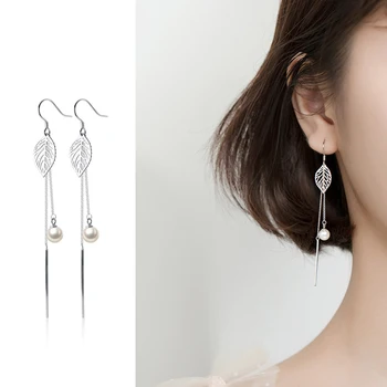 

Mocanie Hollow Out Leaves Tassel Rectangle Sitck Pearl 925 Sterling Silver Drop Earring for Women Girl Hook Earring Fine Jewelry