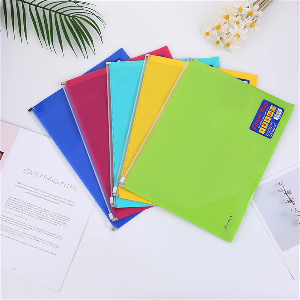 

5Pcs Office Envelopes Filing Organizer File Wallet Zip Punch Pocket A4 Plastic File Folder Document Bag Receipt Bill Storage Bag