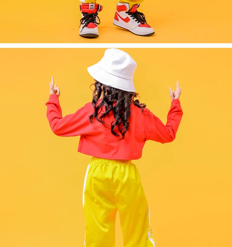 Крутая детская одежда в стиле хип-хоп Красная толстовка короткий топ, Укороченная рубашка повседневные штаны для бега для девочек, костюм для джазовых танцев, одежда
