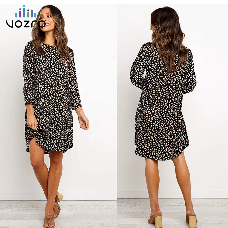 

VOZRO Autumn Leisure Time Leopard In Round Neck Long Sleeve Winter Maxi Party Dress Women Vestidos Clothes Befree Vintage