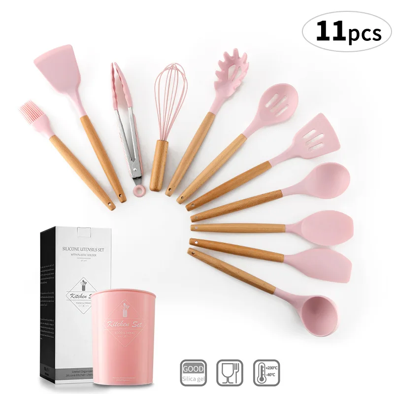 

11/6PCS Silicone Cookware Set Non-stick Shovel Wooden Handle Kitchen Set with Storage Box Kitchen Tools