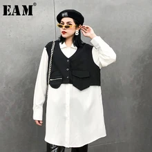 [EAM] Женская белая блуза большого размера с разрезом, новая свободная рубашка с отворотом и длинным рукавом, модная весенняя Осенняя 19A-a708