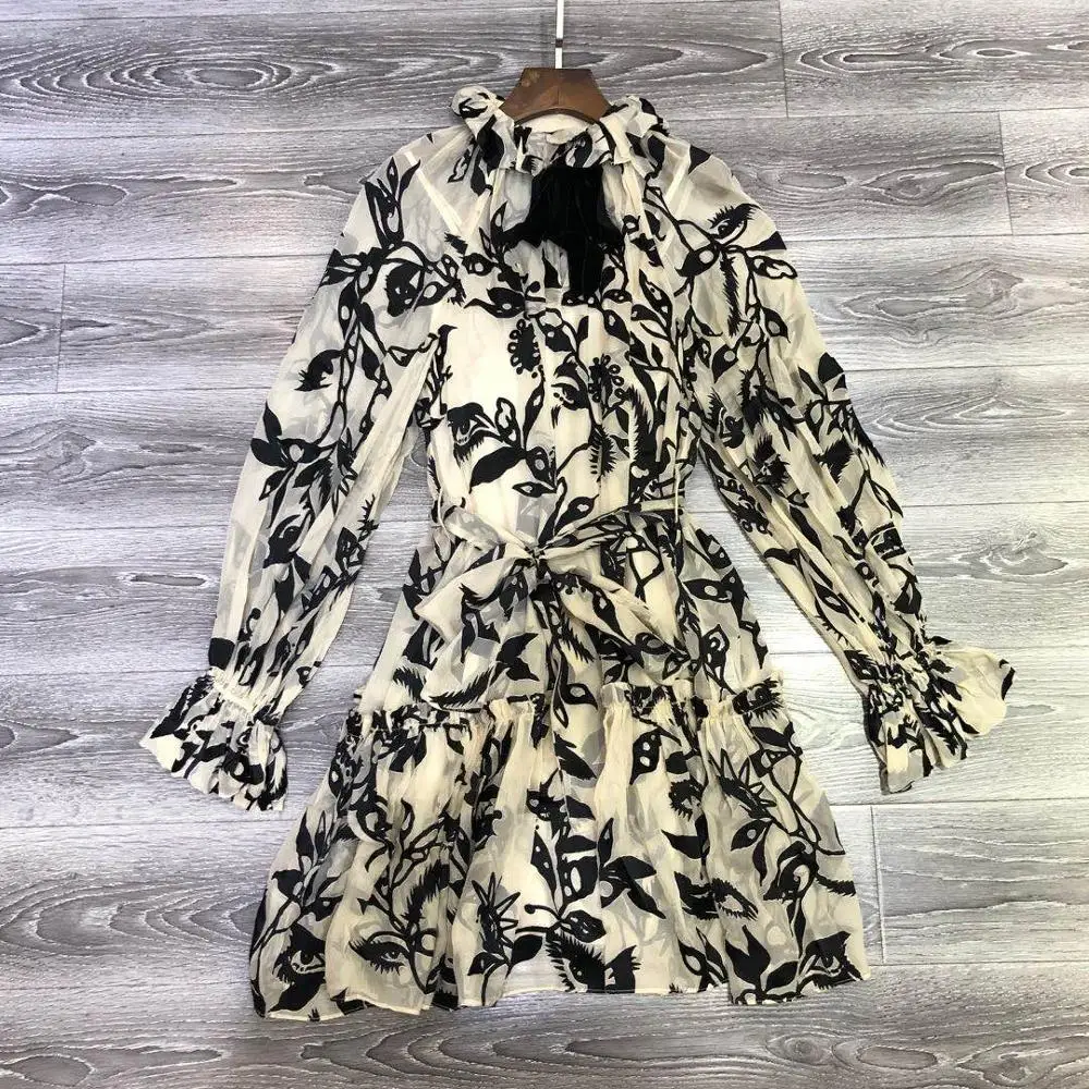 2020 Autumn New Black Printed Half High Neck Velvet Lace Long Sleeve Women Dress 2020 Autumn New Black Printed Half High Neck Velvet Lace Long Sleeve Women Dress