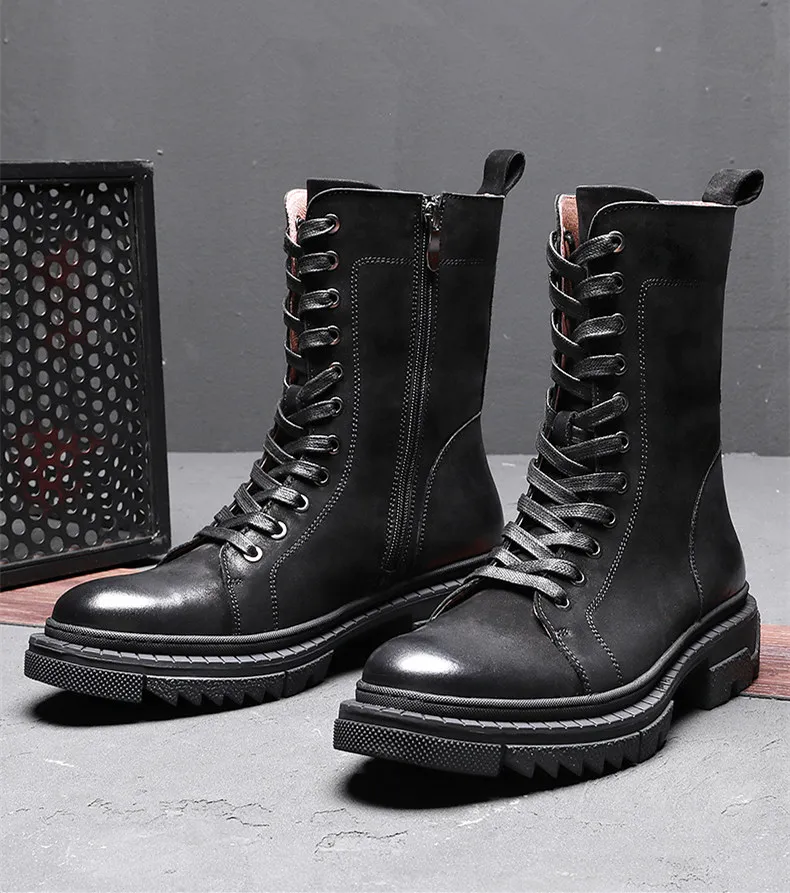 Must Have! Mid-calf Boots Men Full Grain Leather Lace UP Zip Boots Soliders Desert Boots Trendy Winter Shoes Man
