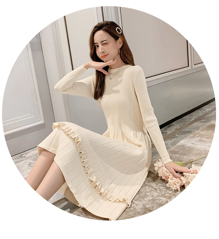 BLLOCUE, Осень-зима, кардиган с воланами, платье для женщин, пуловер с длинным рукавом, элегантное модное милое вязаное платье-свитер