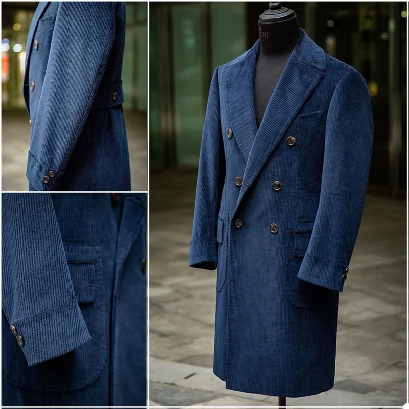 Navy Blue Corduroy Men Overcoat Thick Warm Doublebreasted Long Coat
