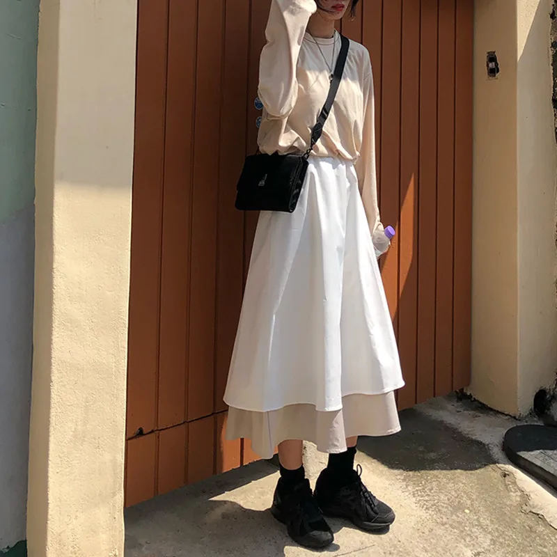 

korean style 2019 spring autumn high waist long skirts color patchwork a line irregular skirts womens (F3832)