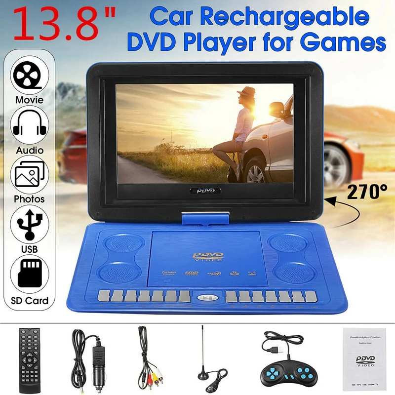 Портативный мини dvd-плеер 13,8 дюймов HD tv фильмы lcd мобильный поворотный Usb экран вращение для автомобиля Мульти Медиа Видео игры ЕС Plug