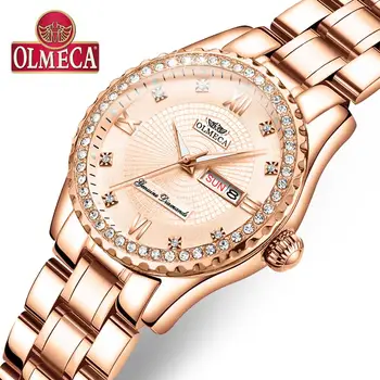 

OLMECA Women Watches Luxury Elegant Rose Gold Dial Diamonds Fashion Casual Quartz Dress Wristwatches Lady Gift