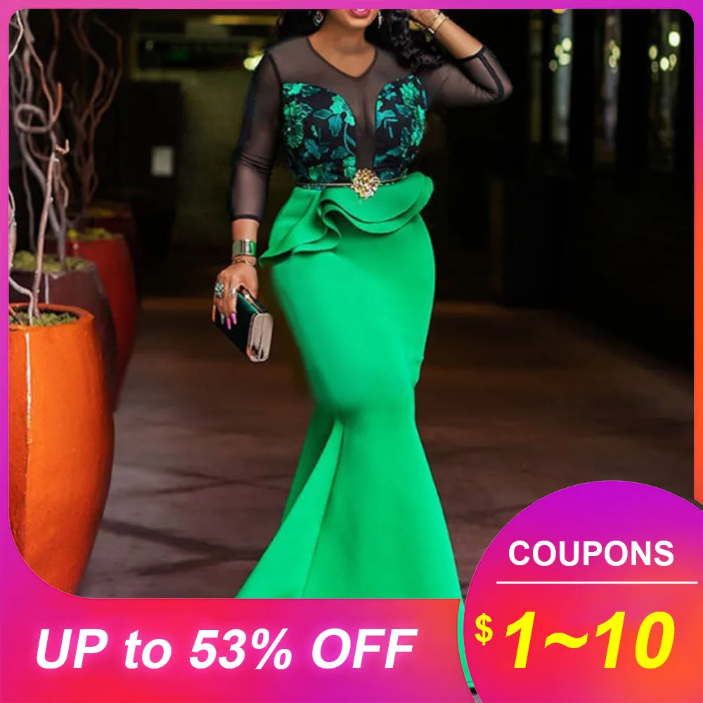 

Sexy Green Women Dress Mermaid Mesh Ruffles High Waist African Long Maxi Dresses Robe Elegant Party Dinner Trumpet Vestiods