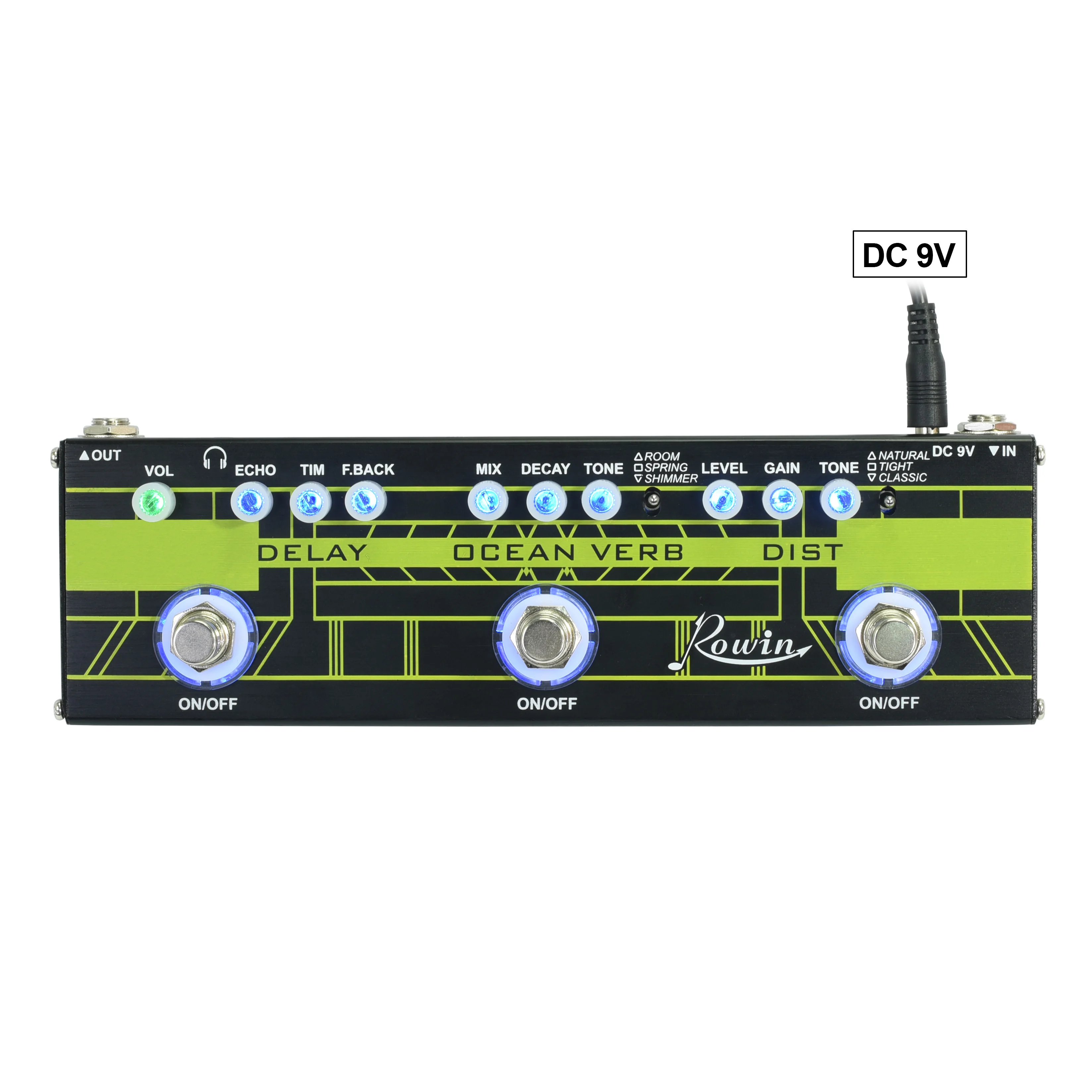 

Rowin Guitar Synthesizer Digital Multi Guitar Effects pedal Mini Modulation Delay and Ocean verb and Dist Effects 3 In 1