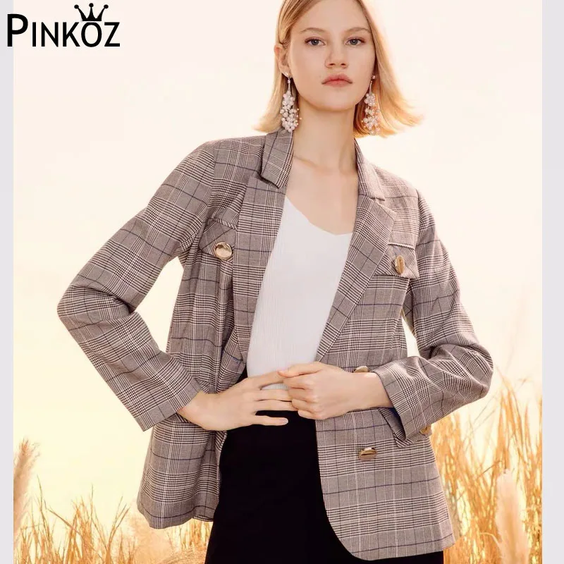 Pinkoz весна осень женский ретро золотой нитью клетчатая декоративная сетка с высокой талией костюм Блейзер пальто женские куртки с поясом