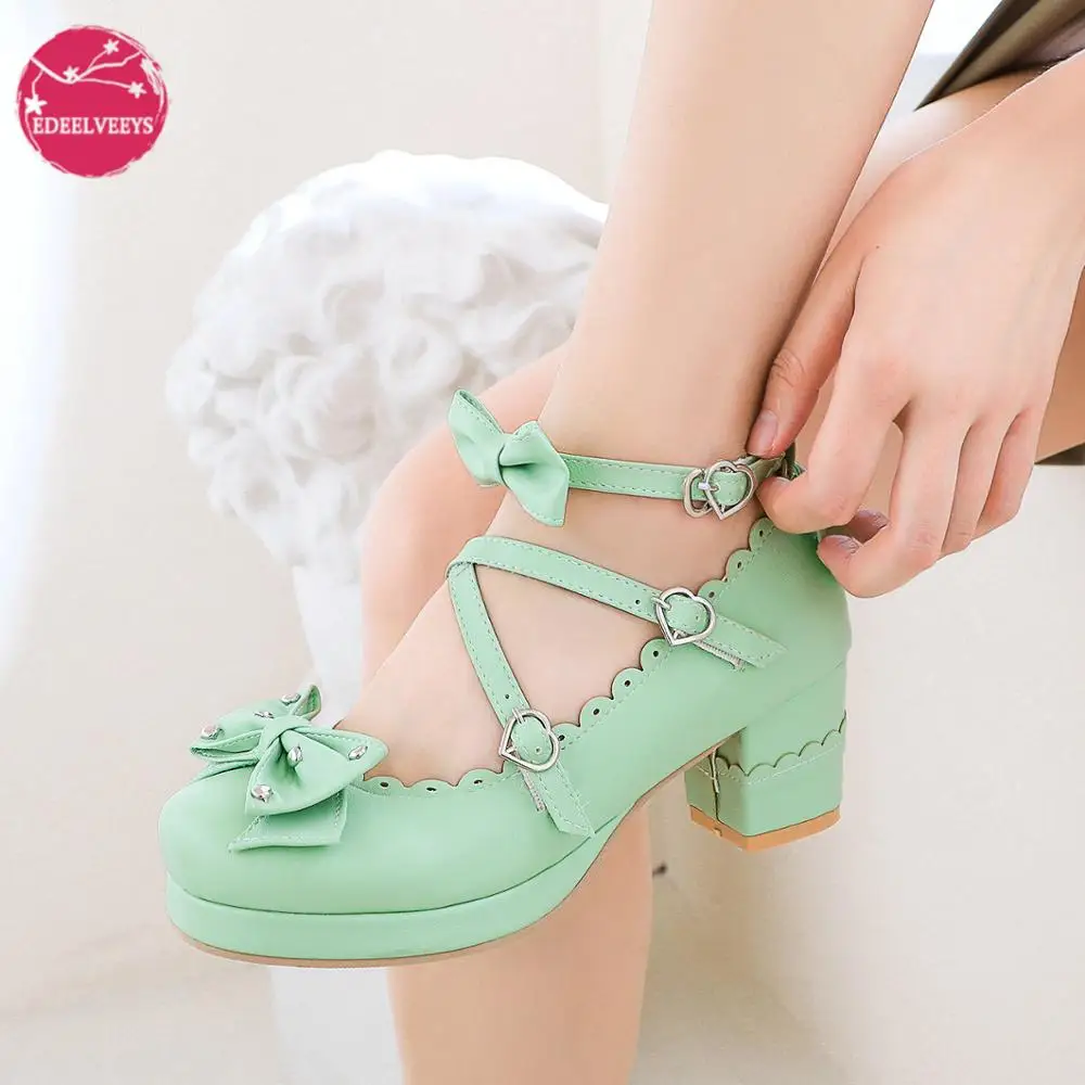 

Women Lolita Cosplay Shoes Girls Bows Sweet Chunky Cross Strap Block Heel Mary Jane Pumps Cloth Inner Japanese Harajuku Style