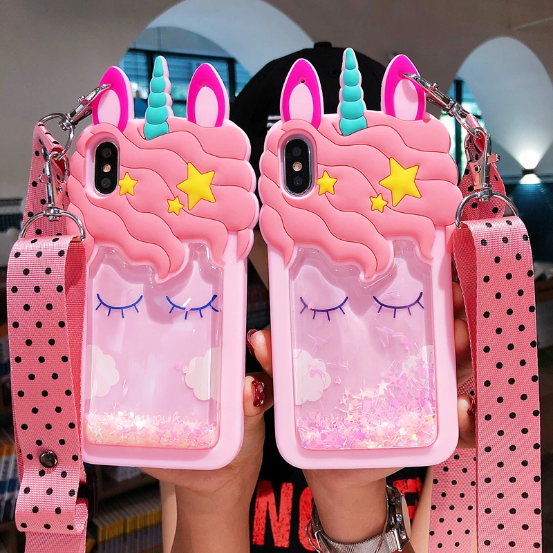 

3D Cartoon Pink Quicksand Unicorn Liquid Stars Phone Case For iphone 8 Case 7 6 plus XR XS MAX Bling Shoulder Strap Soft Cover