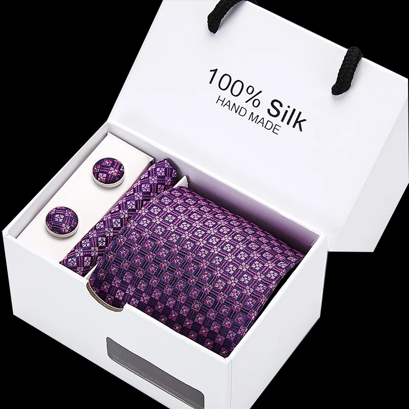 Classical New 8CM 100%Silk Necktie Handkerchief&Cuffink&Tie Set Stripe Dot Floral Neckties Formal D