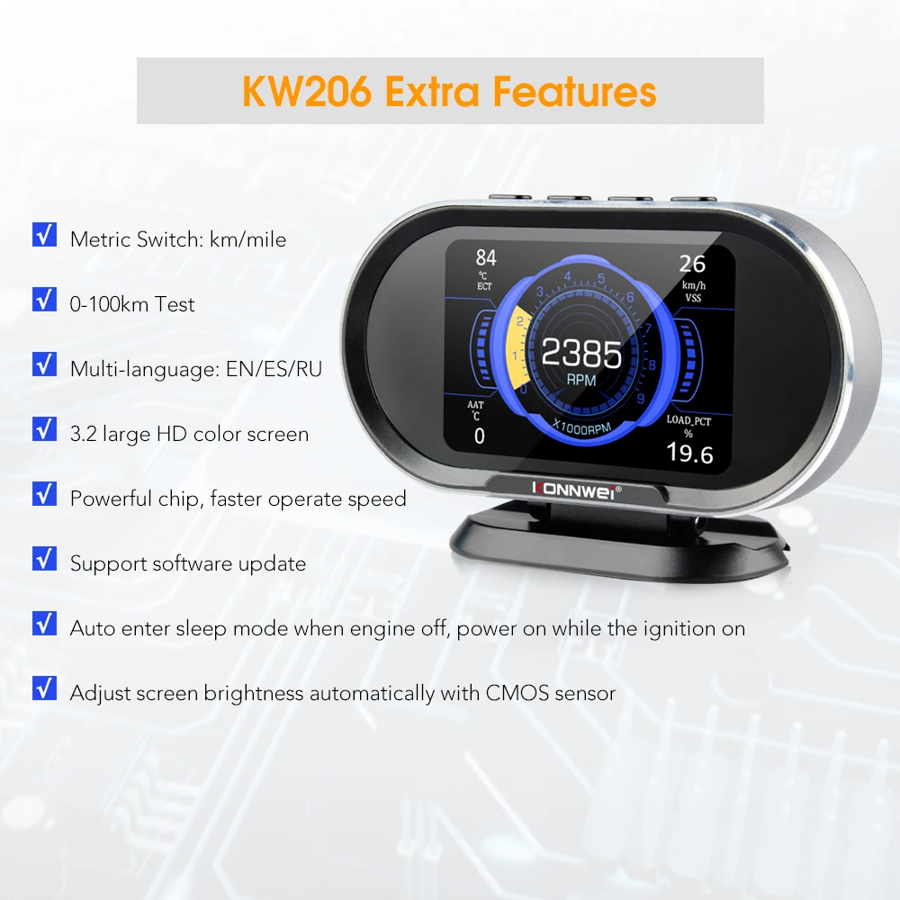 KONNWEI KW206 OBD2 Scanner Car Digital On-Board Computer LCD Display Fuel Consumption Water Temperature Gauge Speedometer HUD 5