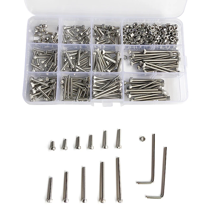 

440pcs/Set M3 Screws Nuts Kits Set Stainless Steel Hex Head Socket Screws and Nuts Assortment+2 Hex Keys