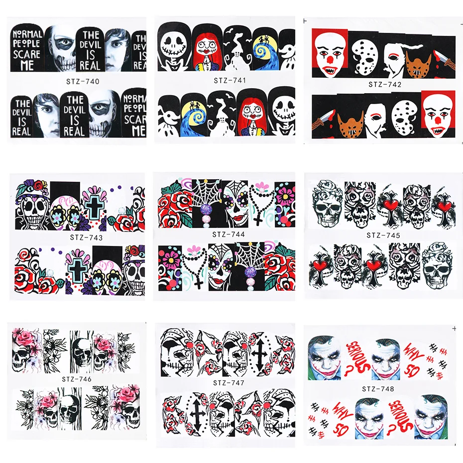 25 листов на Хэллоуин, новинка, наклейки для дизайна ногтей, цветок, кость, губы, глаза, тату, ужас, дизайн, наклейки для рукоделия, декоративные обертывания, LESTZ731-STZ755