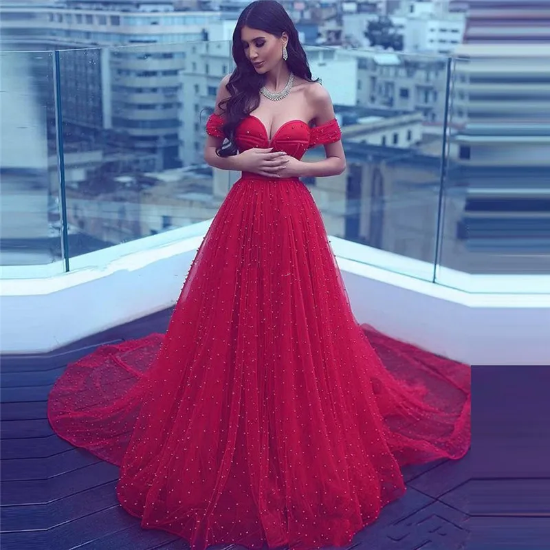 

Sweetheart Sexy Off Shoulder A-Line Wedding Dresses Luxurious Full Pearls Beaded Bridal Gowns Middle East Dubai Robe De Mariee