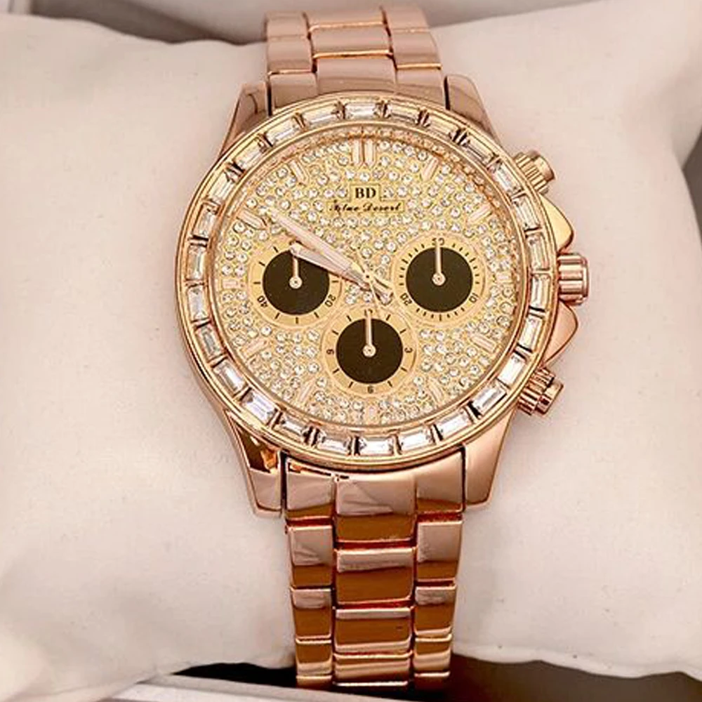 

2020 Luxury Brand Men Hip Hop Steel Band Gold Watch Three Eyes Large Dial Men's Watch Iced Out Diamond Waterproof Quartz Clock