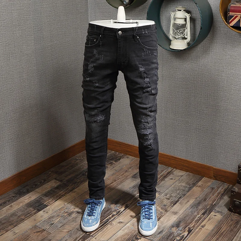 Fashion Streetwear Men Jeans Black 