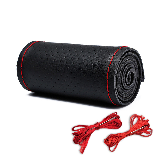 Steering Wheel Cover With Needles Thread Auto Cowhide Braiding Sewing Breathable Non-Slip For 15 Inch Vehicle Steering Wheel