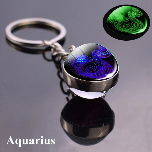 12 Constellation Luminous Keychain Glass Ball Pendant Zodiac Keychain Glow In The Dark Key Chain Holder Men Women Birthday Gift Aquarius  Blue
