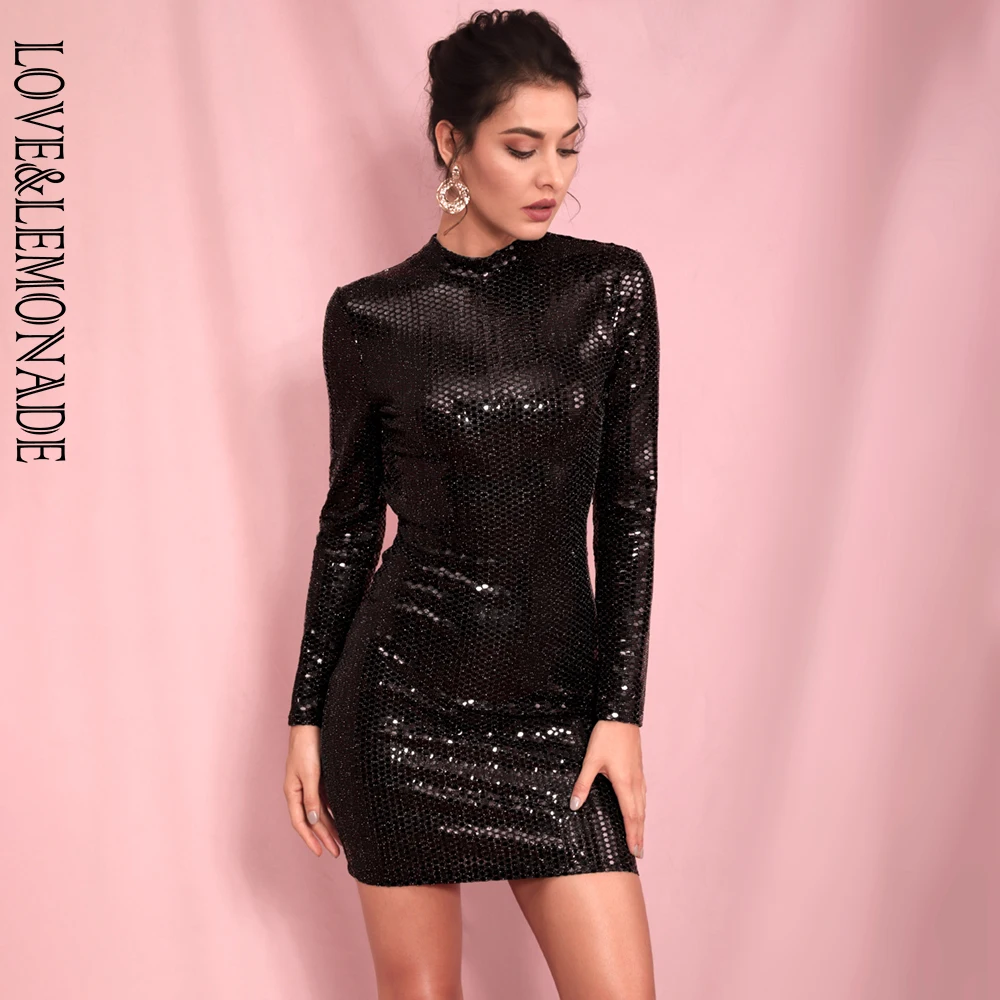 LOVE& LEMONADE, сексуальное платье с высоким воротом, черное, с блестками, эластичное, облегающее, с длинным рукавом, для вечеринки, LM82081