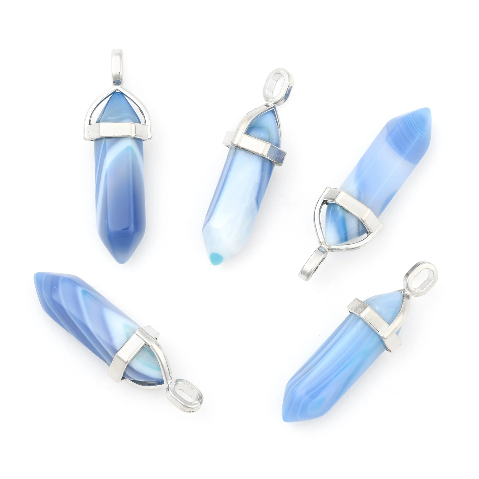 15 Pcs 37~40x12mm Bullet Natural Agate Double Terminated Pointed Pendants Hexagon Bead Cap Bails Stone Charm Jewelry Necklace