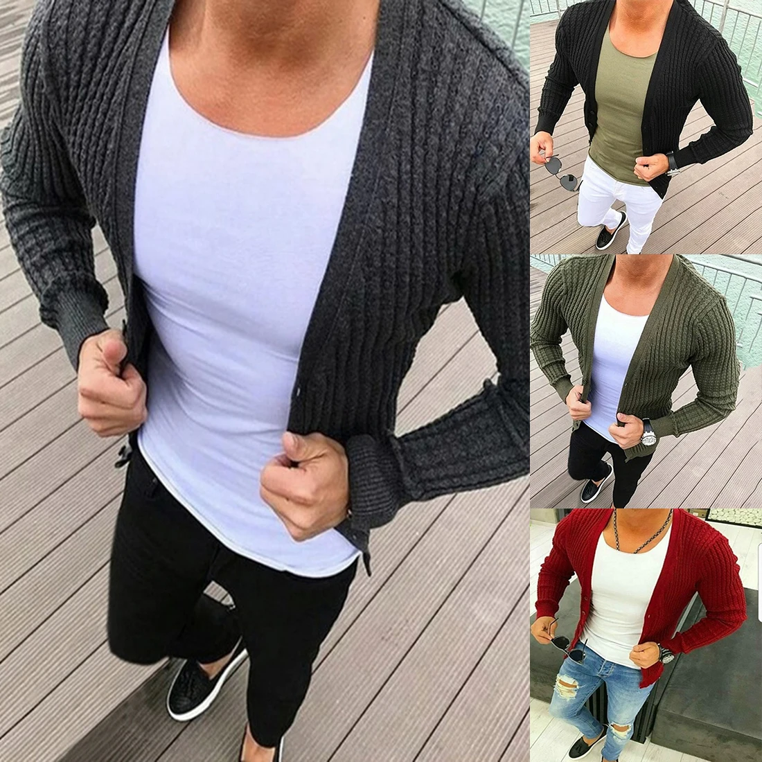 

2020 Autumn Sweater Men V-Neck Solid Slim Fit Knitted Mens Sweaters Cardigan Male Autumn Long Sleeve Solid Casual Tops
