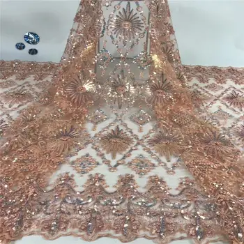 

(5yards/pc) high quality pink African sequins embroidered French net lace fabric with lots of beads for charming dress