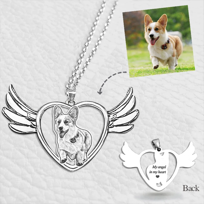 special new productPet angel Personalized Photo Engraved NecklaceHollowed Heart Frame dog