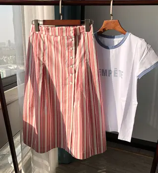 

Women Skirt Pink Striped Skirt Cotton Midi Skirt