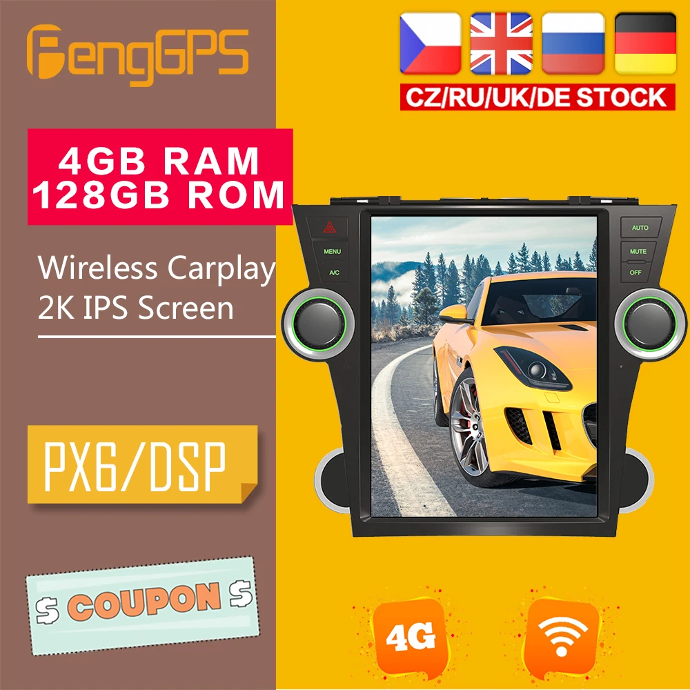 

GPS-навигатор для Toyota Highlander 2007-2013 Android 9,0, автомобильный DVD-плеер, мультимедийный плеер в стиле Tesla, DSP Carplay 4G + 128G