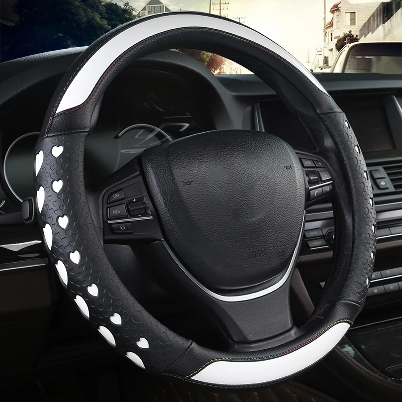 38CM Universal Fit Rubber Auto Car Steering Wheel Cover Carbon Fiber Microfiber Leather Heart-shaped Interior Accessories | Автомобили и