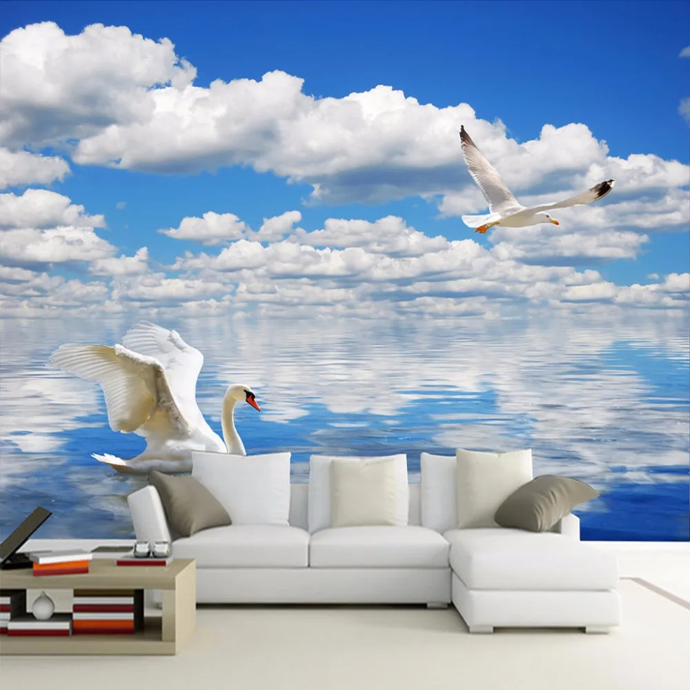 

Drop Shipping Custom 3D Photo Wallpaper HD Swan Seagull Blue Sky And White Clouds Sea Mural Wallpaper Papel De Parede 3D