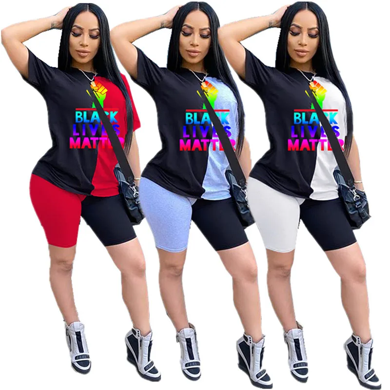 

2020 Summer Women Suit Hot Style Solid-color Patchwork Letter Print Short Sleeves T-shirt & Biker Shorts Two Piece Set