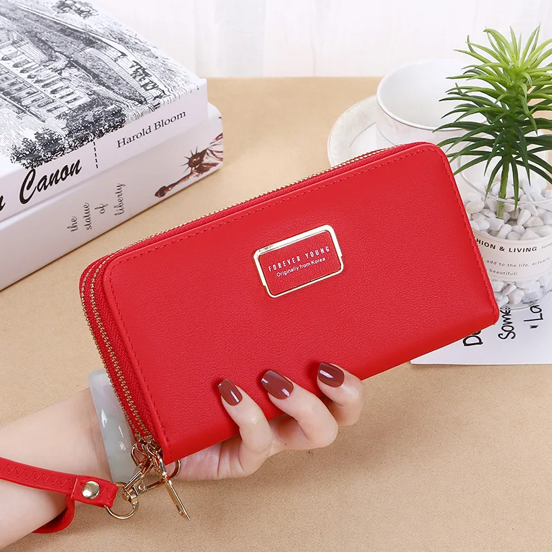 Cuero billeteras PU de doble capa para mujer, cartera larga con cremallera para teléfono móvil, monedero, tarjetero _ - AliExpress Mobile