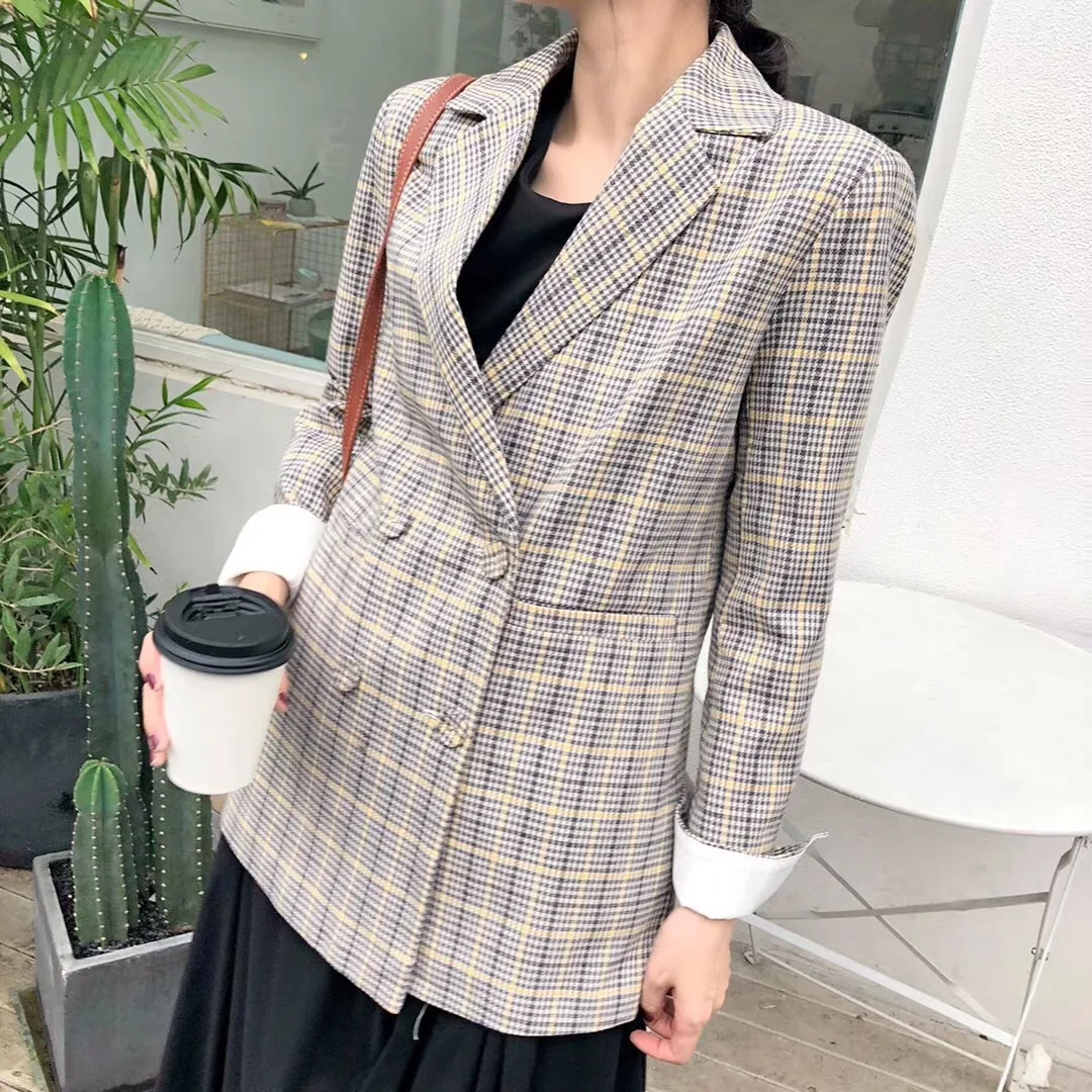 

2019 autumn new women's blazer High quality casual double-breasted plaid suit jacket female Office long sleeve coat