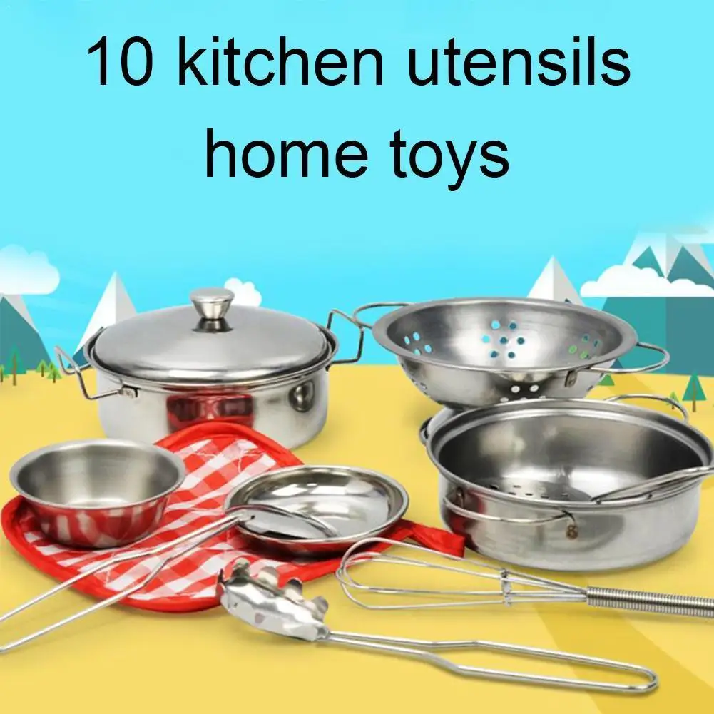 

10pcs/set Kitchen Toys Stainless Steel Cookware Pots Simulation Play Play Cooking House Mini Pretend Toy Child Set Kids Toy K5M6