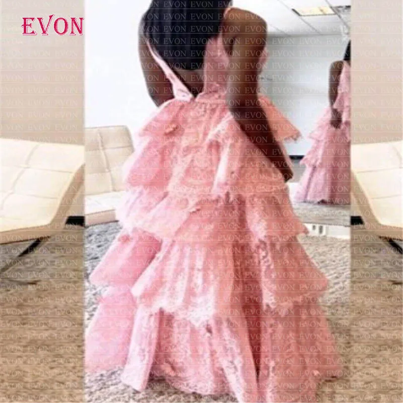 Розовое Кружевное длинное вечернее платье трапециевидной формы Vestido De Fiesta De Noche очаровательное Многоуровневое вечернее платье с v-образным вырезом и открытой спиной