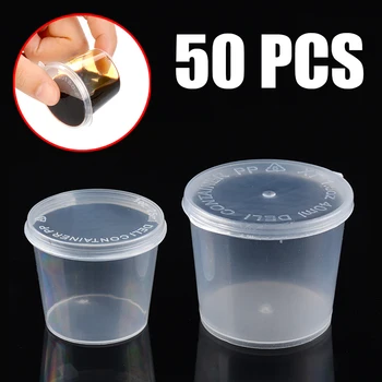 

50pcs Clear Plastic Sauce Cups 1/1.5oZ Sauce Containers Boxes Portable For Kitchen BBQ Take Out Food Package With Seal Lids