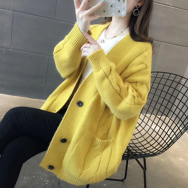 Fitshinling твист кардиган с карманами женские трикотажные изделия пуговицы корейский стиль Женская трикотажная куртка свитера Длинные кардиганы зима - Цвет: yellow