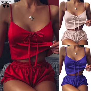 

Two Piece Summer Pajama Set Sexy Lace Top And Shorts Pyjamas Spaghetti Strap Sleepwear High Elastic Pijama Nightie Clothes 4.20