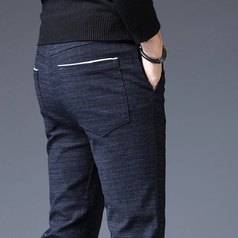 Осенние зимние брюки мужские классические повседневные эластичные длинные брюки мужские черные хлопковые полосатые прямые теплые рабочие брюки мужские Размеры 36 38