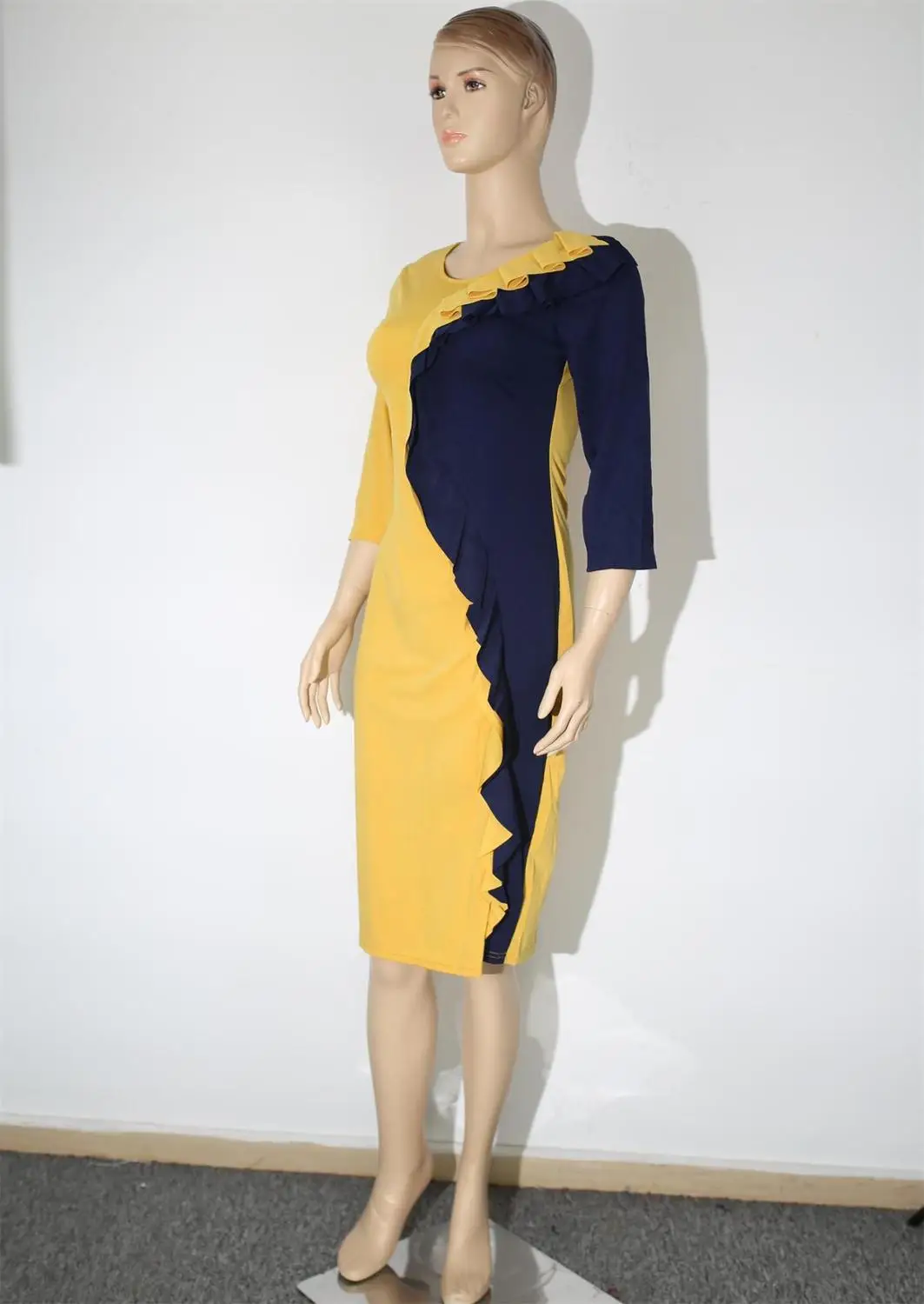 2019 летнее женское платье с круглым вырезом рукавом семь двухцветное лоскутное