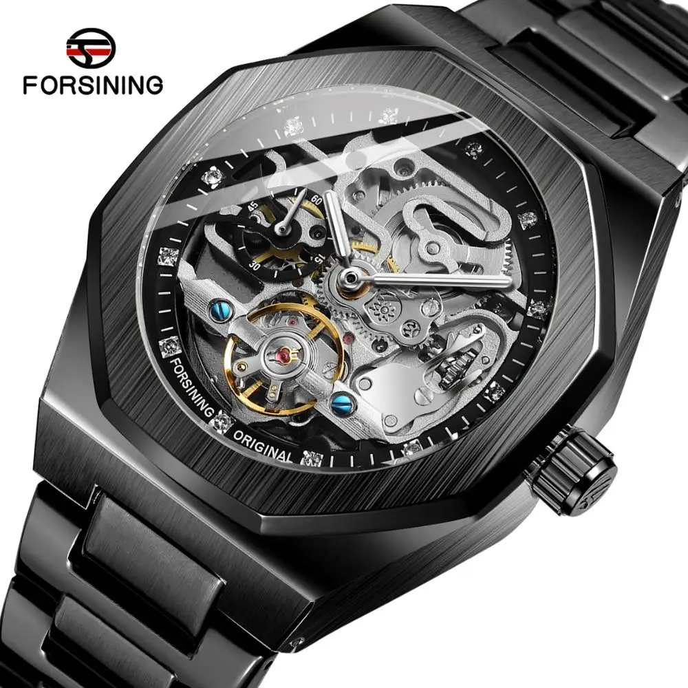 

Forsining Fashion Blue Diamond Skeleton Men Mechanical Watch Stainless Steel Luminous Hands Wristwatch Casual Business Clock
