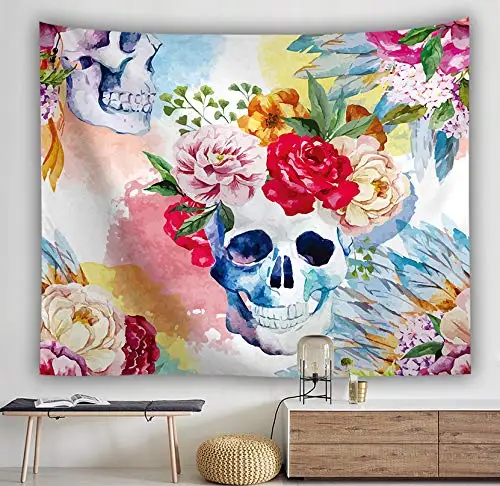 

Cool Skull Flowers Tapestry Day of The Dead Funny Pink Floral Art Wall Tapestry