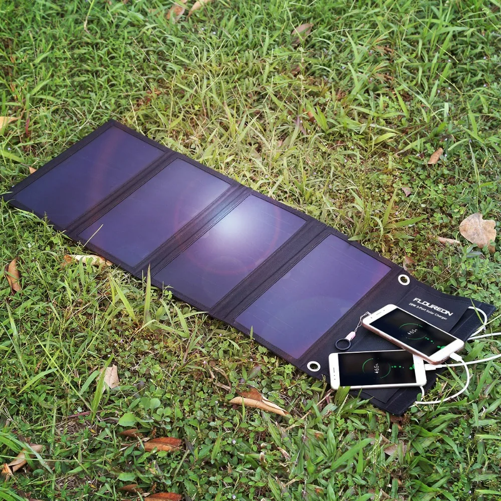 FLOUREON Portable 28W Foldable Solar Panel Charger Waterproof Mobile Power Bank for Smartphone Tablet travel with Triple USB (5)