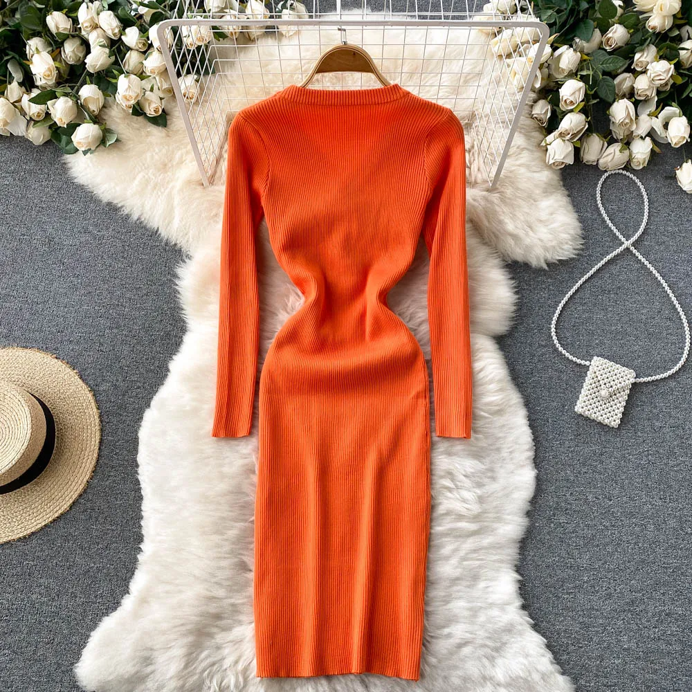 SINGREINY Autumn Winter Sweater Dress Women Elastic Slim Long Sleeve Pencil Dresses Fashion Korean Sexy Bodycon Knitted Dress